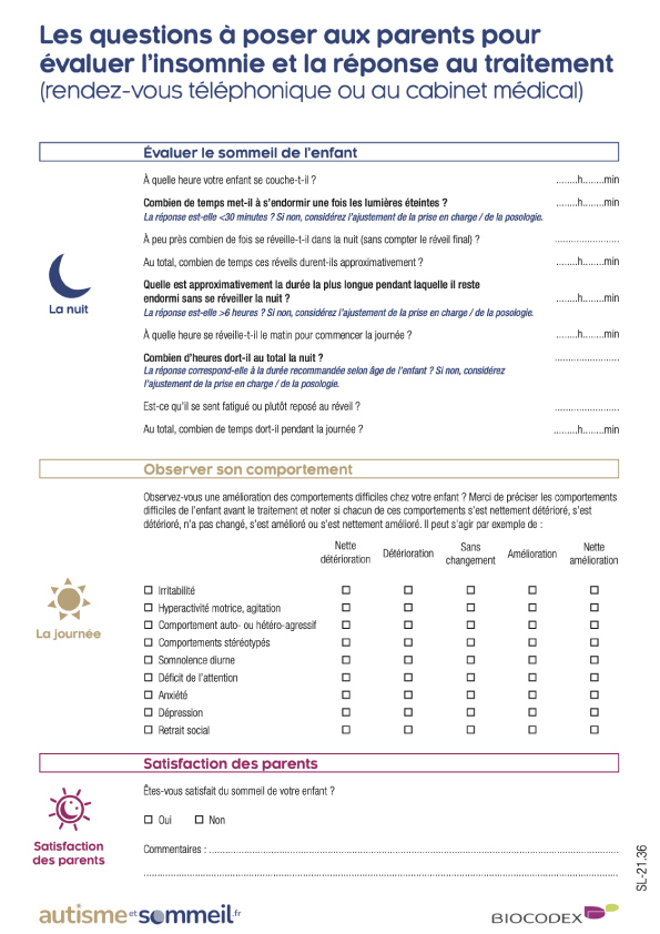 Les questions à poser aux parents pour évaluer l'insomnie et la réponse au traitement